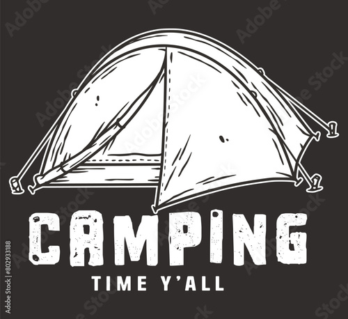 Hand-drawn line art illustration featuring a tent for outdoor enthusiasts and nature-themed graphic designs