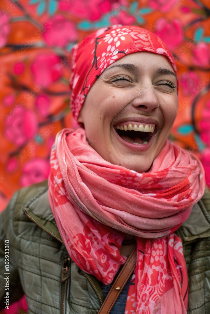 A joyful woman with a beaming smile, dressed in a pink scarf and green jacket A joyful woman with a beaming smile, dressed in a pink scarf and green jacket