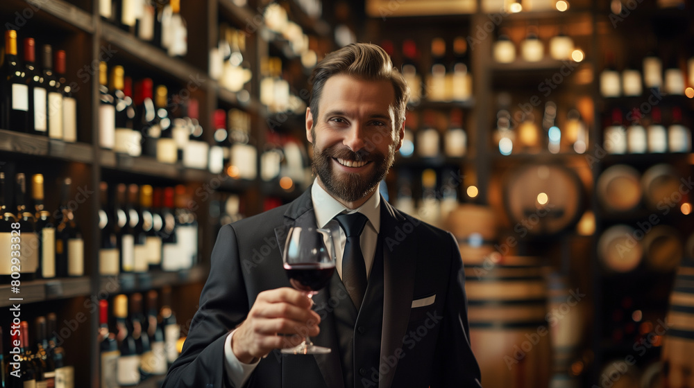 Sommelier expert examining a glass of wine in a cellar.