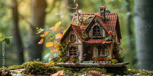A miniature house with a small pond in the middle of it  with greenry blur background photo