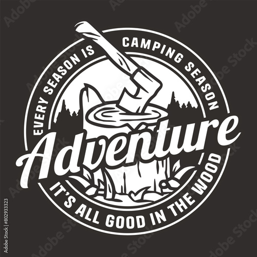 Vintage-styled emblem featuring line art depicting a camping scene with an axe and a log surrounded by mountains, trees