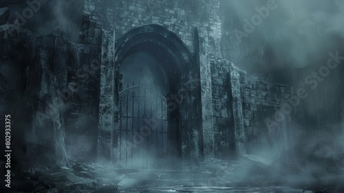Imposing gates of a dungeon and hell, inspired by Christian theology, depicting the eerie entrance reserved for sinners, shrouded in darkness and mist
