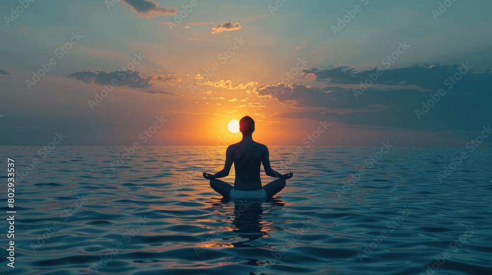 A person is sitting in the center of a vast body of water, surrounded by rippling waves and a distant horizon