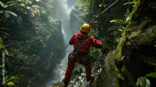 A man in a red jacket and yellow helmet is suspended on a rope above a rushing waterfall