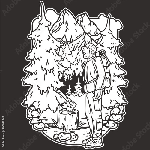 Line art illustration depicting a hiker amidst a forest and mountainous backdrop, symbolizing the essence of outdoor camping and the call of the wild, framed in a natural outline