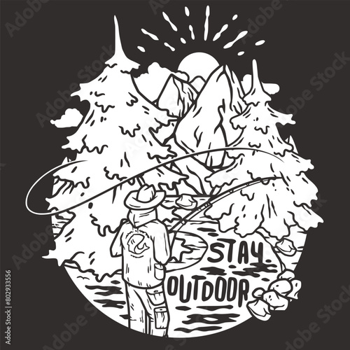 Line art illustration showcases a captivating outdoor scene with mountains  tall trees  a hiker for fishing  camping and hiking enthusiasts