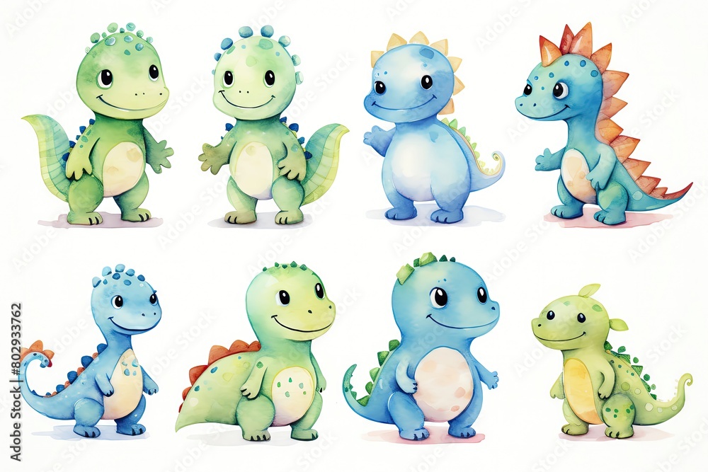 A handpainted watercolor set featuring various little dinosaurs, showcasing unique and playful designs, perfectly isolated on white
