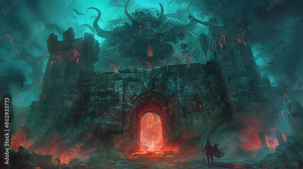 Hell's gates standing tall, guarded by formidable creatures and intricate traps, challenging adventurers seeking to uncover hidden quests and treasures