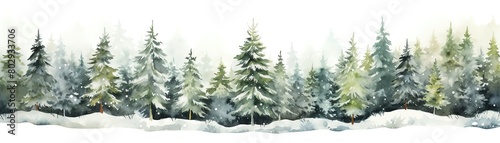 A handdrawn watercolor illustration of a coniferous forest with spruce trees, depicting a winter nature scene with snow and a holiday background, isolated on white