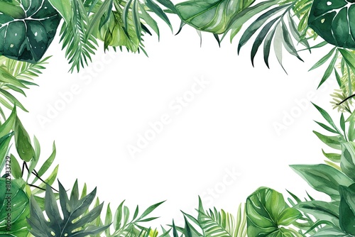 A handpainted watercolor frame of tropical green leaves and branches  isolated on a white background  ideal for wedding invitations  save the dates  and greeting cards