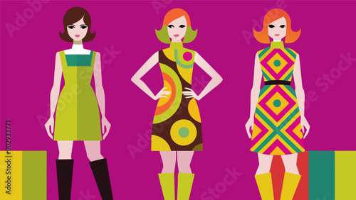 The 60s mod look gets a modern twist with bright colors and bold geometric patterns on shift dresses and kneehigh boots.. Vector illustration