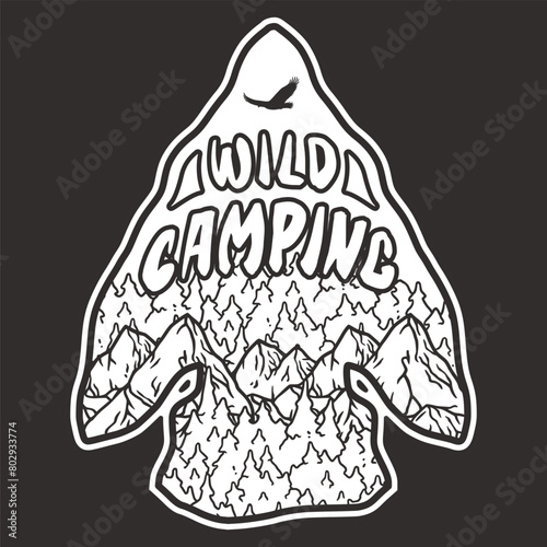 Stylish line art illustration of a mountainous landscape inside an arrowhead shape for outdoor enthusiasts and nature-themed designs