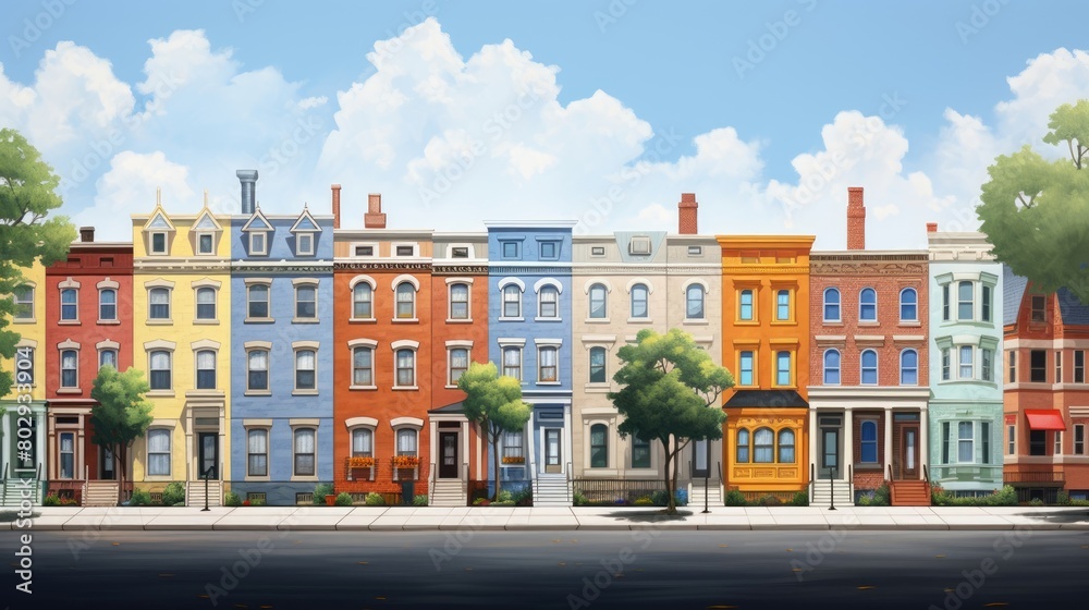 Obraz premium Historic district watercolor illustration - Generative AI. Historic, building, street, blue, sky.
