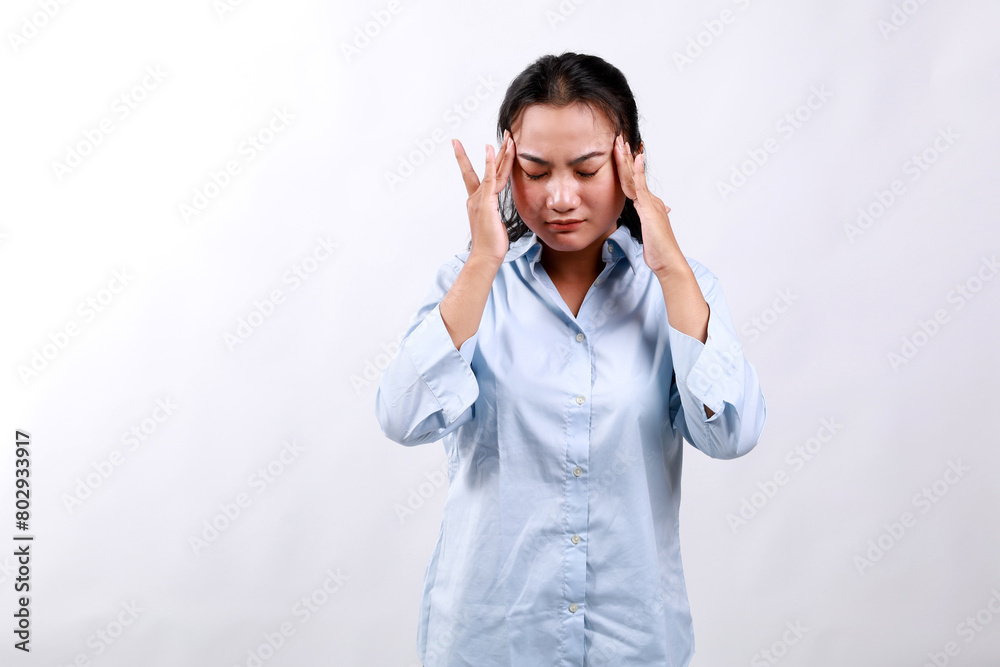 Portrait of asian woman feeling headache, migraine or being ill. Isolated on white background. Portrait of asian woman feeling headache, migraine or being ill. Isolated on white background.
