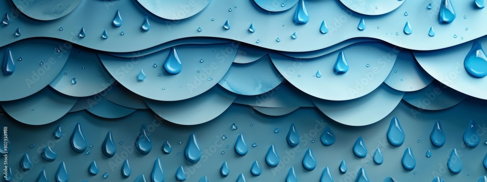 Obraz premium A background of layered paper cutouts depicting raindrops in various shapes and sizes, creating a textured and whimsical feel.