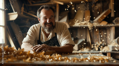 Woodworker with a Proud Smile in His Traditional Workshop.