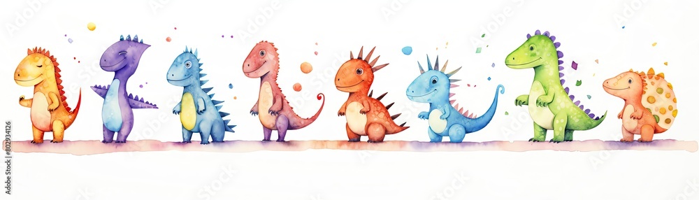 A watercolor set of little dinosaurs, each painted in vivid colors and playful styles, isolated on a white background A watercolor set of little dinosaurs, each painted in vivid colors and playful styles, isolated on a white background