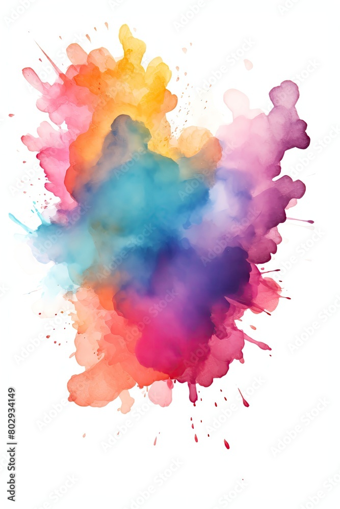 An abstract watercolor depiction of a powder explosion, featuring vibrant splatters that resemble a colorful dust cloud, isolated on a white background