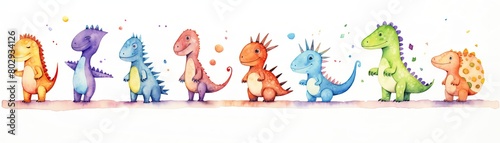 A watercolor set of little dinosaurs  each painted in vivid colors and playful styles  isolated on a white background