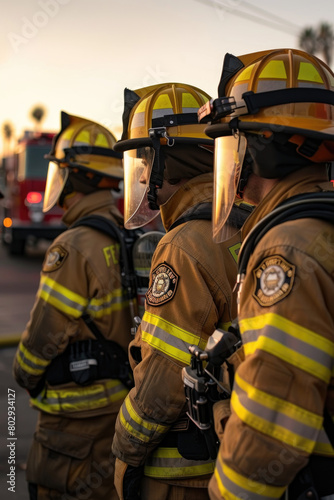 A team of firefighters in full gear and helmets standing in a row next to each other, ready for action