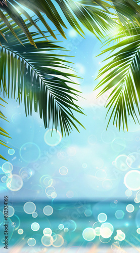 serene view of a sparkling sea through the silhouette of palm leaves, with sunlight filtering through and creating a shimmering effect on the water's surface