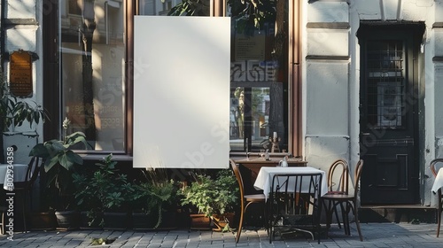 Mockup of a white paper poster displayed outside a restaurant building, illustrating marketing and business concepts. © Elchin Abilov