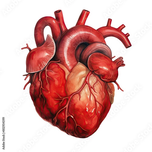A cartoon interpretation of a human heart, rendered in aquarelle watercolor style, rich in redblood hues, perfectly isolated on a white background photo