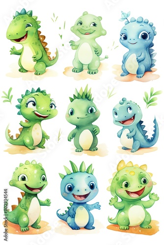 A cartoon interpretation of a watercolor collection of little dinosaurs, each character distinct and lively, isolated on a white background