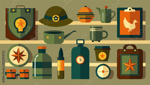 The shop also offers a selection of vintage militarythemed home decor including metal canteens blankets and compasses.. Vector illustration