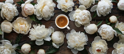 White peonies and a cup of coffee placed on a dark wooden surface. Image captured from above with a limited color palette. photo