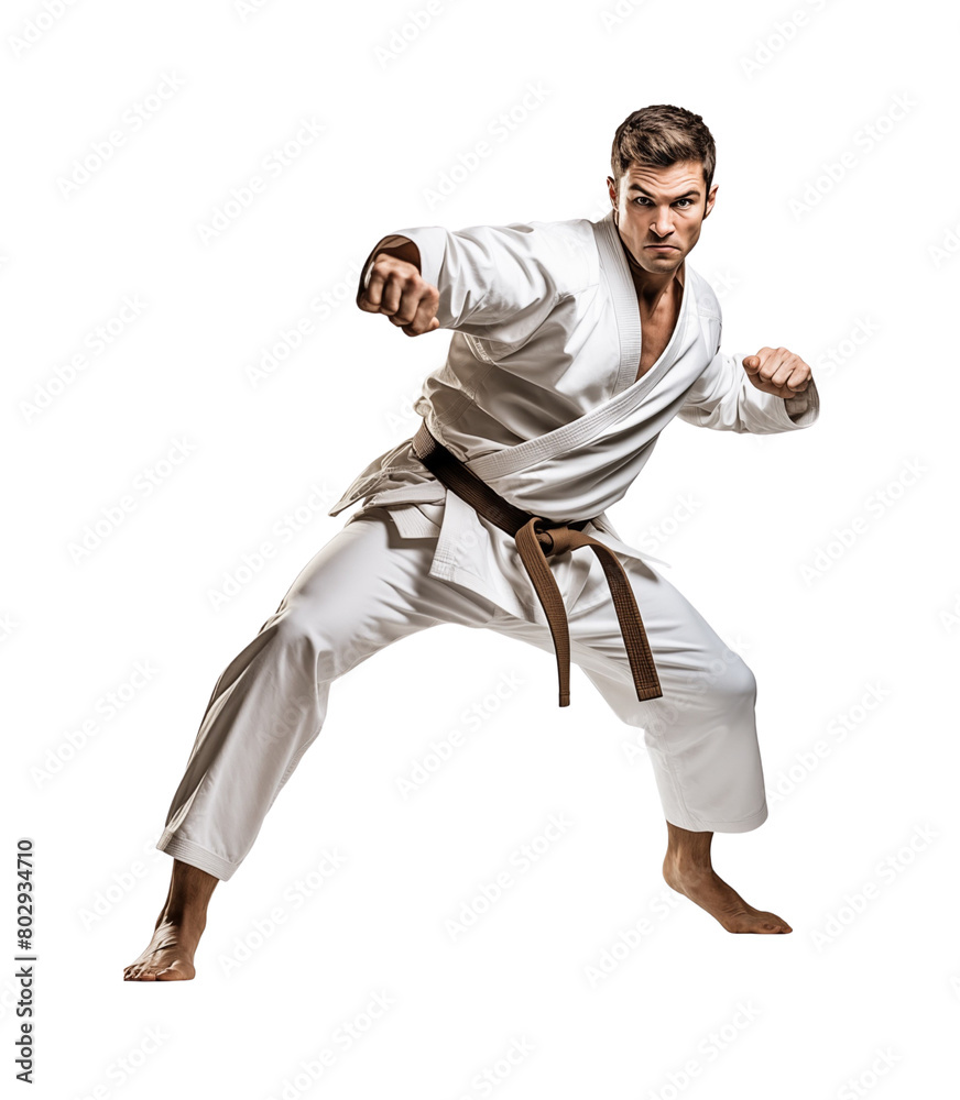 Martial arts athlete wearing white clothes and brown belt throwing a powerful punch against isolated on transparent background. Generative AI Martial arts athlete wearing white clothes and brown belt throwing a powerful punch against isolated on transparent background. Generative AI