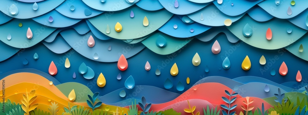 A background of layered paper cutouts depicting raindrops in various shapes and sizes, creating a textured and whimsical feel. A background of layered paper cutouts depicting raindrops in various shapes and sizes, creating a textured and whimsical feel.