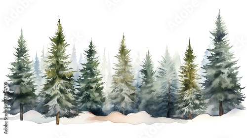 A cartoon interpretation of a watercolor snowy coniferous forest