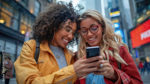 Business Cellphone. Two Young Businesswomen Smiling and Looking at Their Cellphone in the City