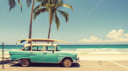 Beach Fun - Vintage Car with Surfboard on Tropical Shoreline, Retro Summer Leisure trip