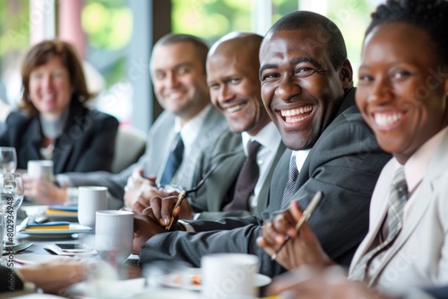 Work Meeting in a Diverse Boardroom: Businesspeople Laughing and Collaborating in Office Environment