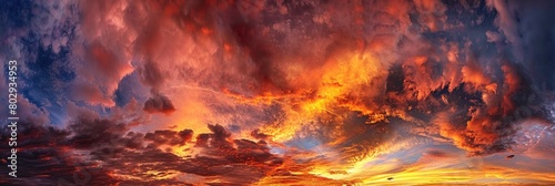 Sunset Colors. Panorama of Dreamy Cloudscape in Red, Orange, and Yellow Sky