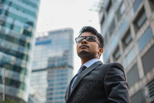 Man In City. Wealthy Indian Businessman Dreaming of Future Success and Business Vision in Modern Urban Environment