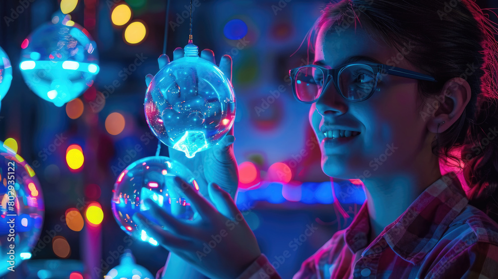 A woman holding up glass balls in her hands against a plain background A woman holding up glass balls in her hands against a plain background
