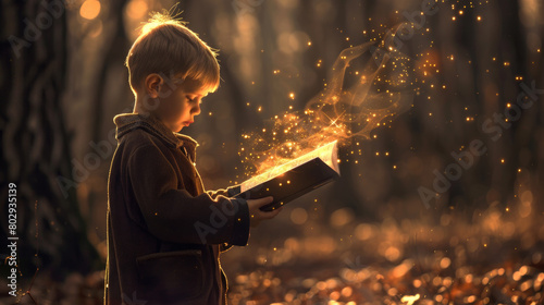 A young boy standing in a forest, holding a book in his hands photo