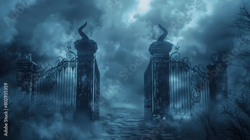 Fantasy game-inspired gates leading to hell, crafted from dark, twisted metal and surrounded by eerie mist, a key element in epic role-playing games photo