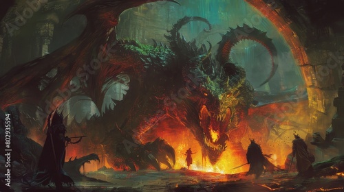 Epic entrance to hell's depths, patrolled by giant beasts and laced with lethal traps, a daunting obstacle for heroes on questing voyages