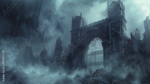 Eerie view of the dungeon gates with Charon, cloaked in darkness, overseeing the passage of souls along the Styx, the atmosphere thick with fog and despair