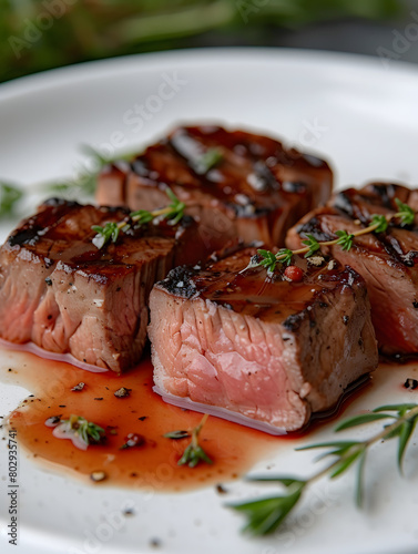Grilled steak slices garnished with fresh herbs on a white plate. Culinary arts and gourmet dining concept. Design for restaurant menu, culinary school poster