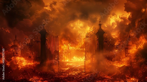Dramatic visualization of the gates of hell as described in Christianity, with foreboding iron gates set against a fiery backdrop, symbolizing eternal punishment