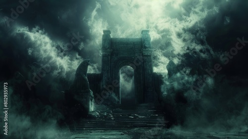 Dark entrance to the underworld, with the gates of Hades guarded by Cerberus, surrounded by mist and the echoes of lost souls, capturing a mythological essence photo