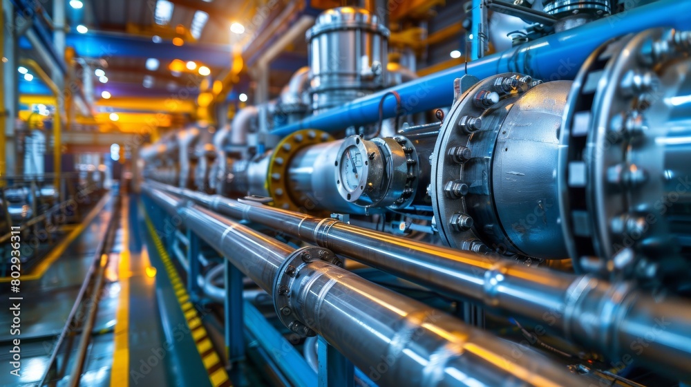 Vibrant image showcasing the intricate pipe system within an industrial plant Vibrant image showcasing the intricate pipe system within an industrial plant