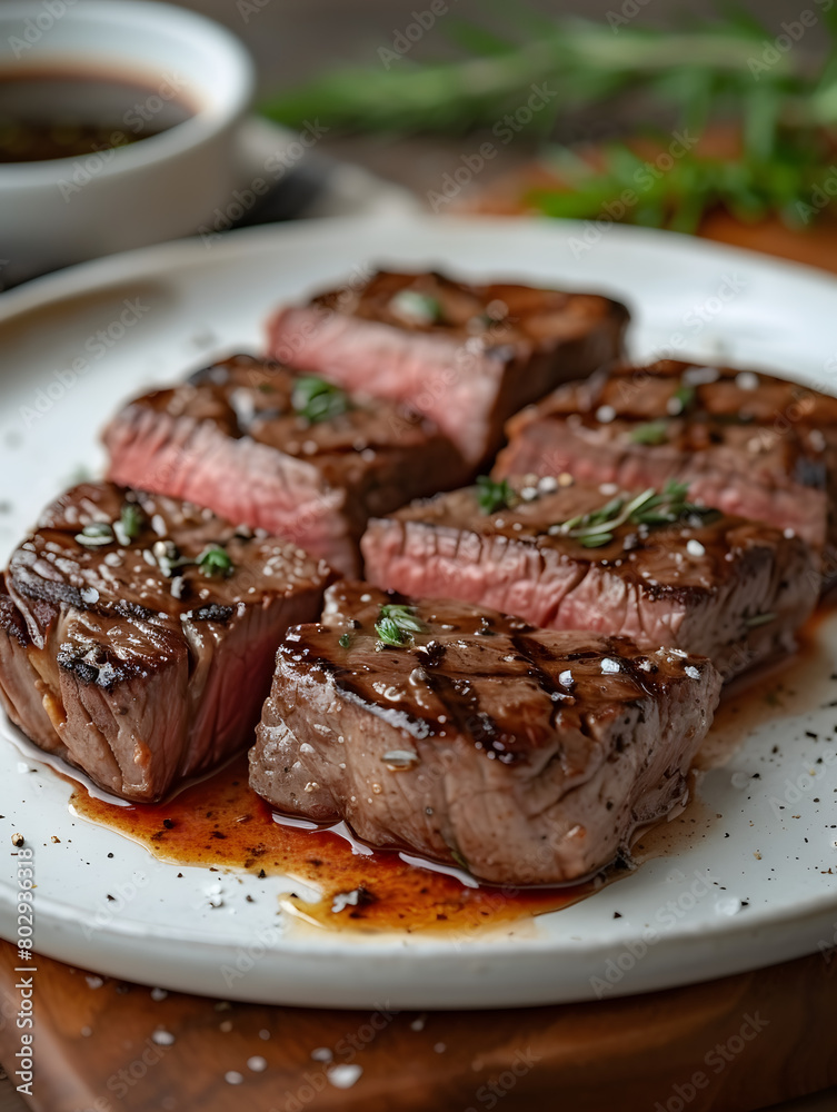 Grilled steak slices garnished with fresh herbs on a white plate. Culinary arts and gourmet dining concept. Design for restaurant menu, culinary school poster