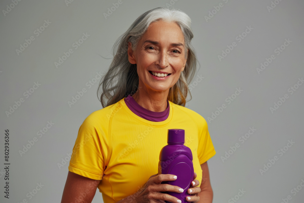 Smiling elderly European woman in yellow t-shirt with purple sports bottle in hand against gray wall. Adult food concept, silver economy.
