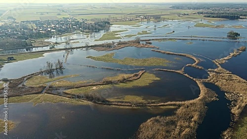 Aerial view of the spring backwaters of the Narew River in Tykocin in podlasie on a sunny day.